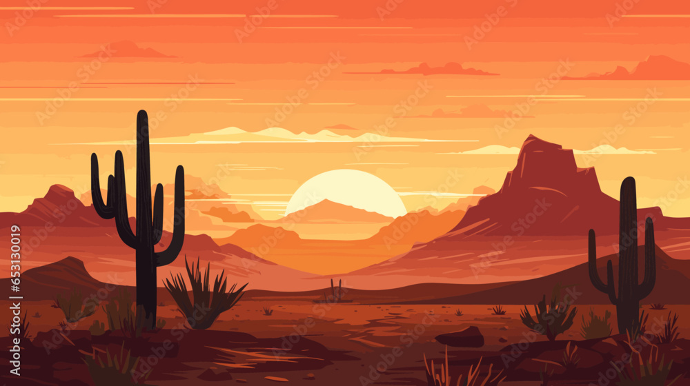 Desert sandy landscape with cactuses, sunset. Desert dunes vector background. - obrazy, fototapety, plakaty 