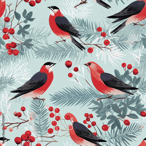 Seamless pattern with winter bullfinches. Design for card, fabric, print, greeting, cloth, poster, clothes, textile. 
