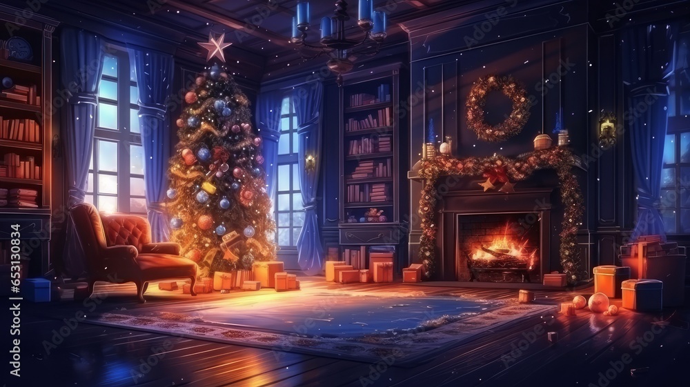 New Year's interior in the house with a Christmas tree and gifts on Christmas evening.  - obrazy, fototapety, plakaty 
