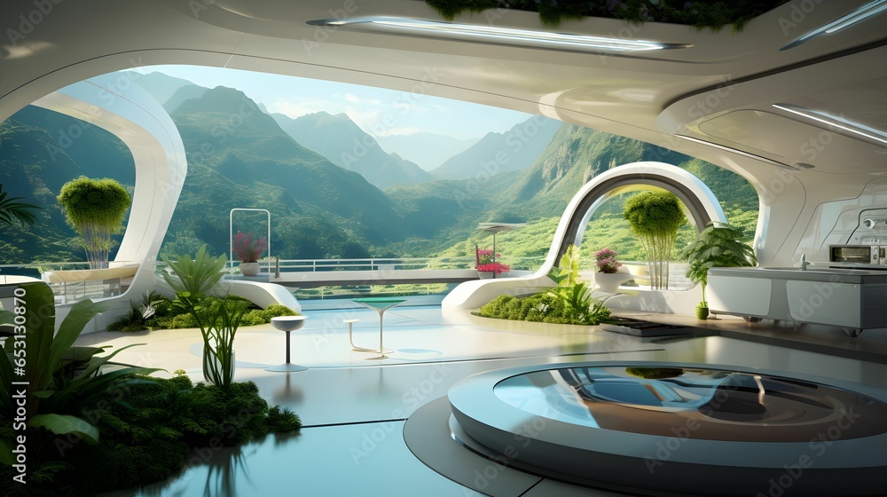 Futuristic house. Features high-tech labs, plants. Generative AI Futuristic house. Features high-tech labs, plants. Generative AI