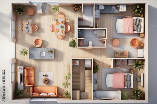 Top view layout plan of modern home. Architectural floor plans of fully furnished apartment or house