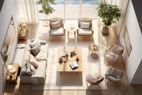 Top view layout plan of modern home. Architectural floor plans of fully furnished apartment or house