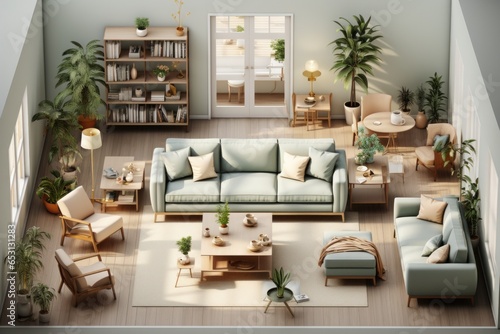 Top view layout plan of modern home. Architectural floor plans of fully furnished apartment or house