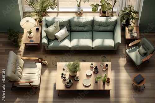 Top view layout plan of modern home. Architectural floor plans of fully furnished apartment or house