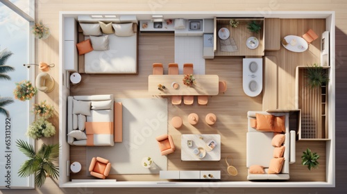 Top view layout plan of modern home. Architectural floor plans of fully furnished apartment or house