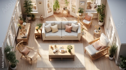 Top view layout plan of modern home. Architectural floor plans of fully furnished apartment or house