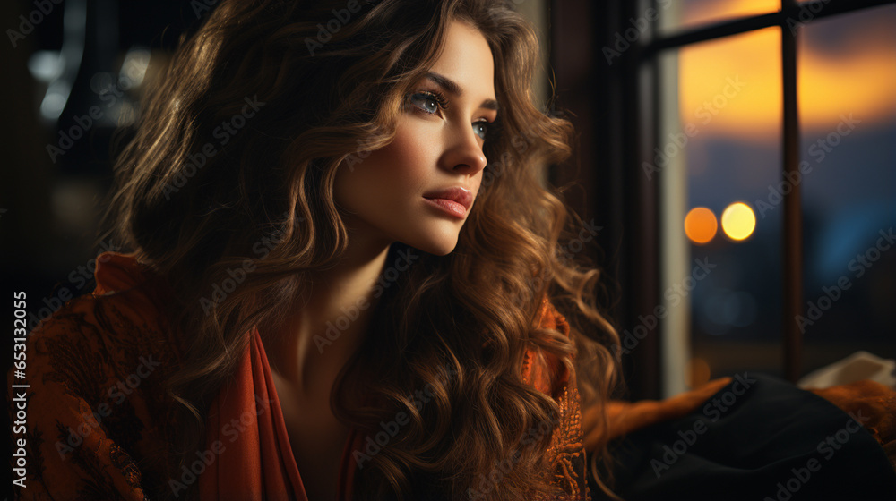 Sad woman looking out the window alone. Sad woman looking out the window alone.