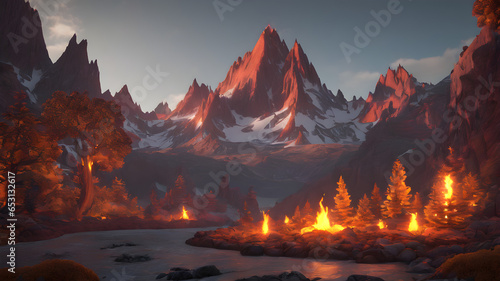 Lava Mountain with Burning Trees in Foreground