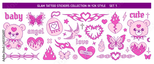 Glam tattoo art stickers in Y2k style 1. Butterfly, swallow, toy, flame, fire, heart chain in emo goth 90s - 00s style . Pink neo tribal tattoo art prints in 2000s aesthetic. Vector collection