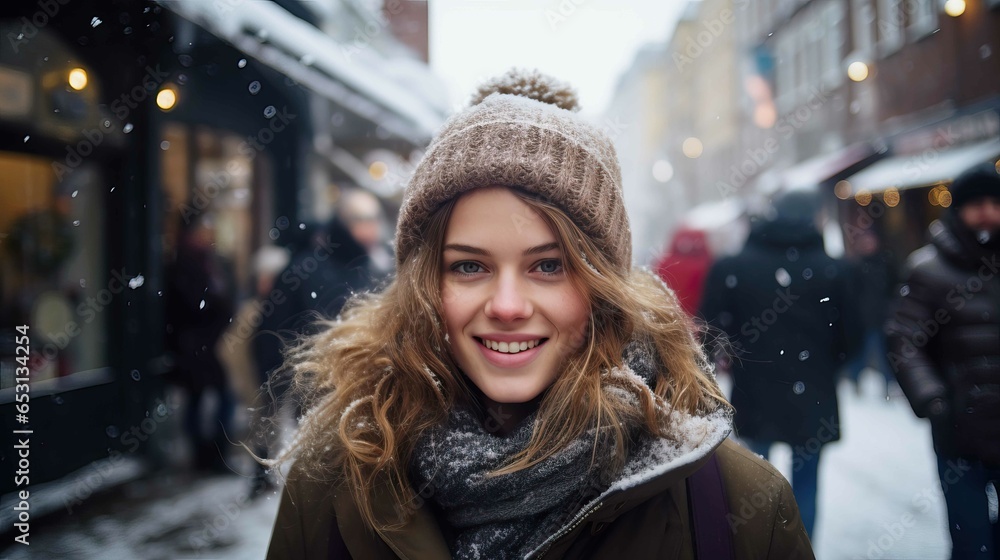 Smiling Caucasian woman in a city in a snowy winter day. Generative AI. Smiling Caucasian woman in a city in a snowy winter day. Generative AI.