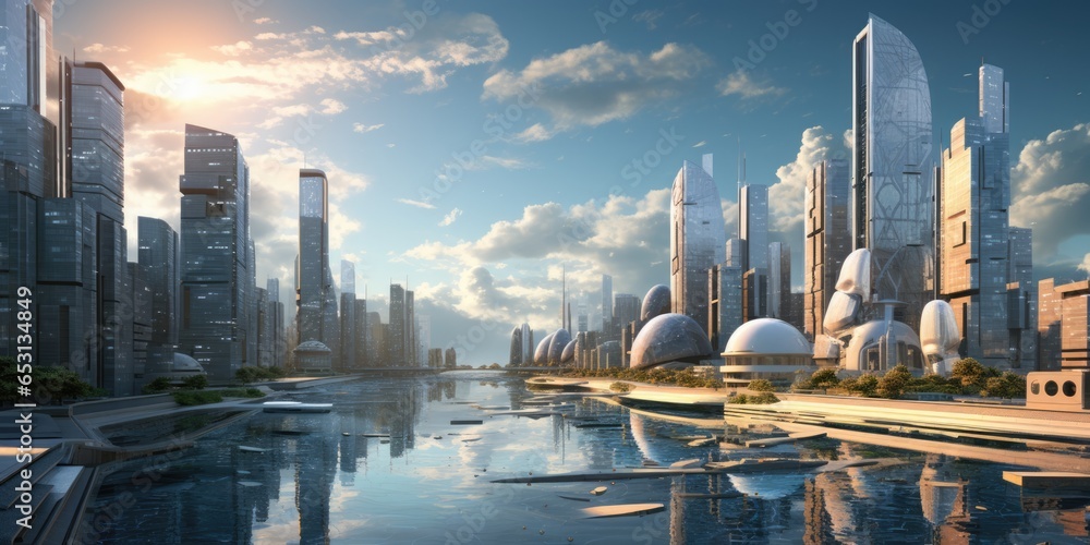 panorama of the futuristic city - obrazy, fototapety, plakaty 
