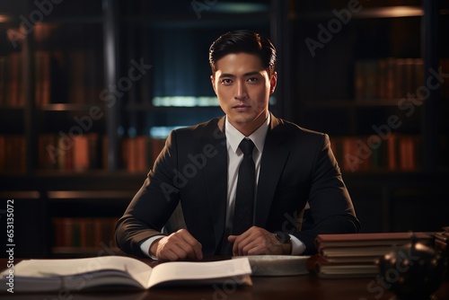 Portrait of Handsome Lawyer Sitting on the Desk, Asian Male Judge Consultation and Legal Works in His Office photo