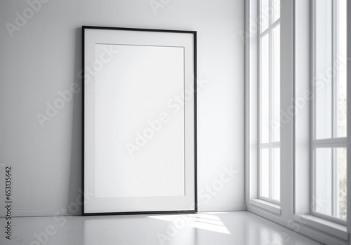 Black frame placed in a brigt living room Mockup. Generative Ai