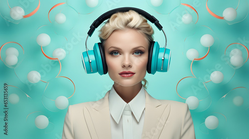 Woman in suit using headphone in abstract background 