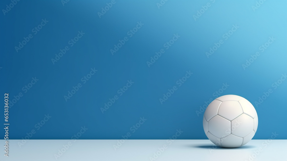 Fototapeta premium Soccer ball on blue wall background with copy space