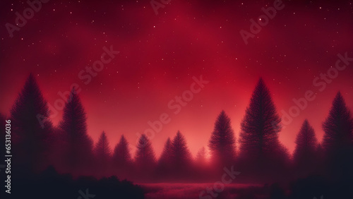 Christmas tree with red sky background
