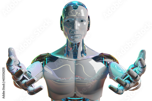 Isolated robot opening his two hands. Futuristic cyborg. 3D rendering white and blue humanoid cut out with transparent background
