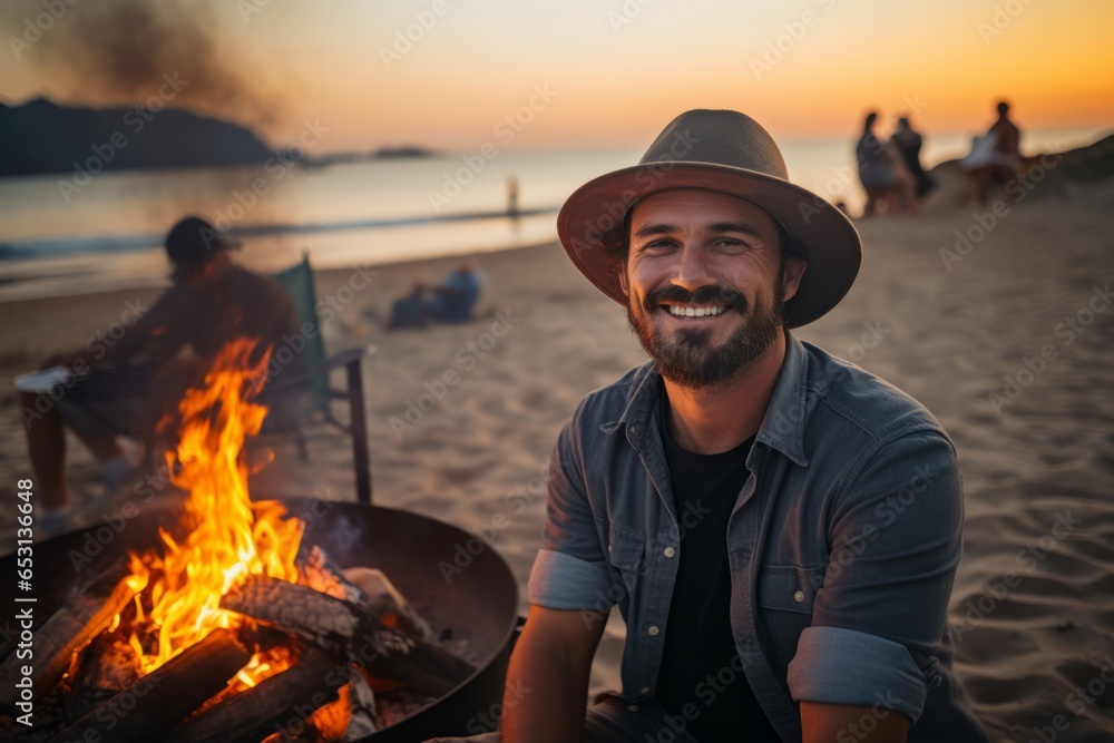 Cheerful man in hat sitting near bonfire on beach at sunset