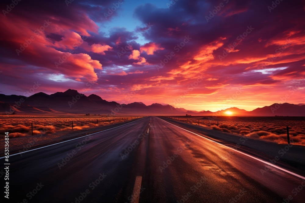 Colorful sunset over an endless desert highway, Generative AI