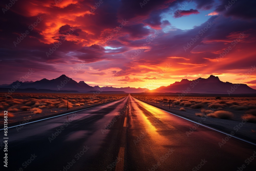 Colorful sunset over an endless desert highway, Generative AI