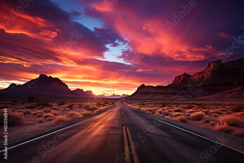 Colorful sunset over an endless desert highway, Generative AI © Shooting Star Std