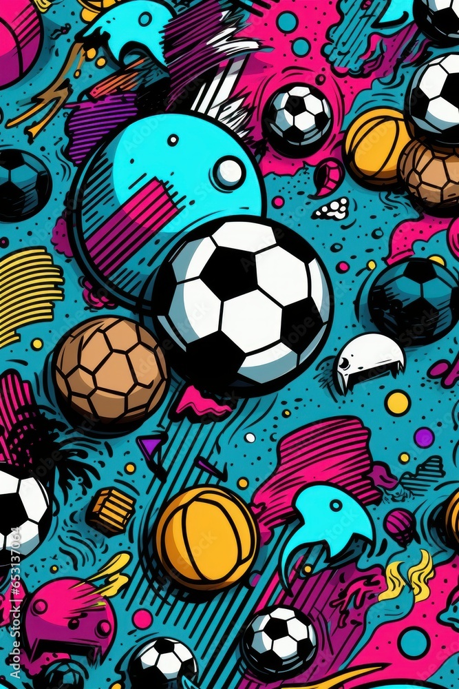 Football Doodle Art Illustration for Merchandise Clothing, Fashion Textile, Soccer Sport Clothes Design Printing, Street Art Graffiti Pattern, Colorful Abstract Background