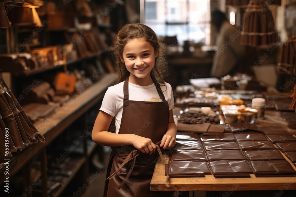 Little girl in apron looking at camera and smiling while choosing chocolate in a shop