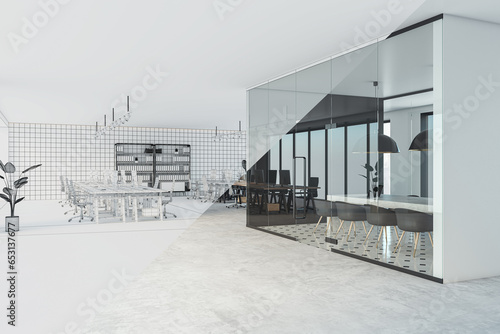 Contemporary projects of glass  wood and concrete office interior with furniture and equipment. Coworking space  interior designs  blueprint concept. 3D Rendering.