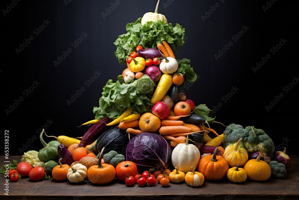 Arrangement of heirloom Thanksgiving vegetables harvest, creatively stacked to form a quirky veggies tower, with empty copy space Generative AI