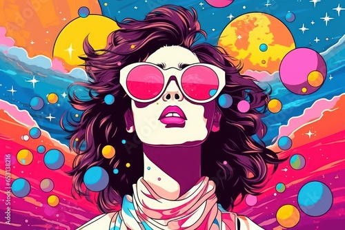 Pop Art Woman Comic Illustration  Portrait of Female Retro 90s Style  Human Street Art Graffiti Pattern  Colorful Abstract Background.