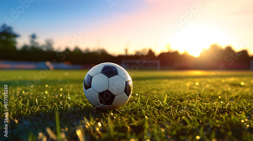 a soccer ball is floating on a green field during sunset © Fiva