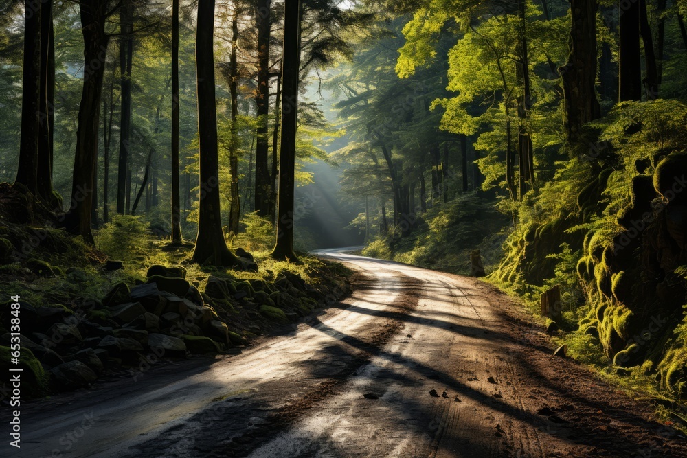 Obraz premium Highway through a dense forest, Generative AI