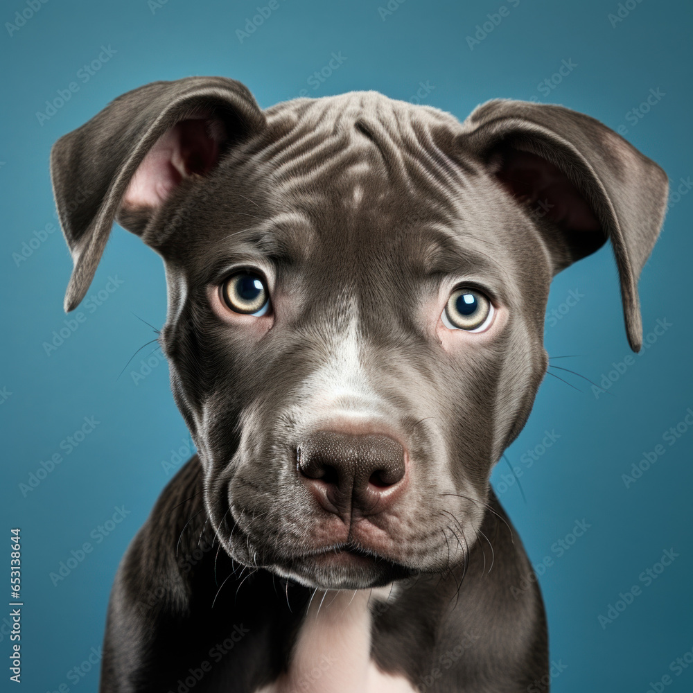 portrait studio d'une tête d'un chiot de race pitbull en gros plan, arrière plan uni bleu