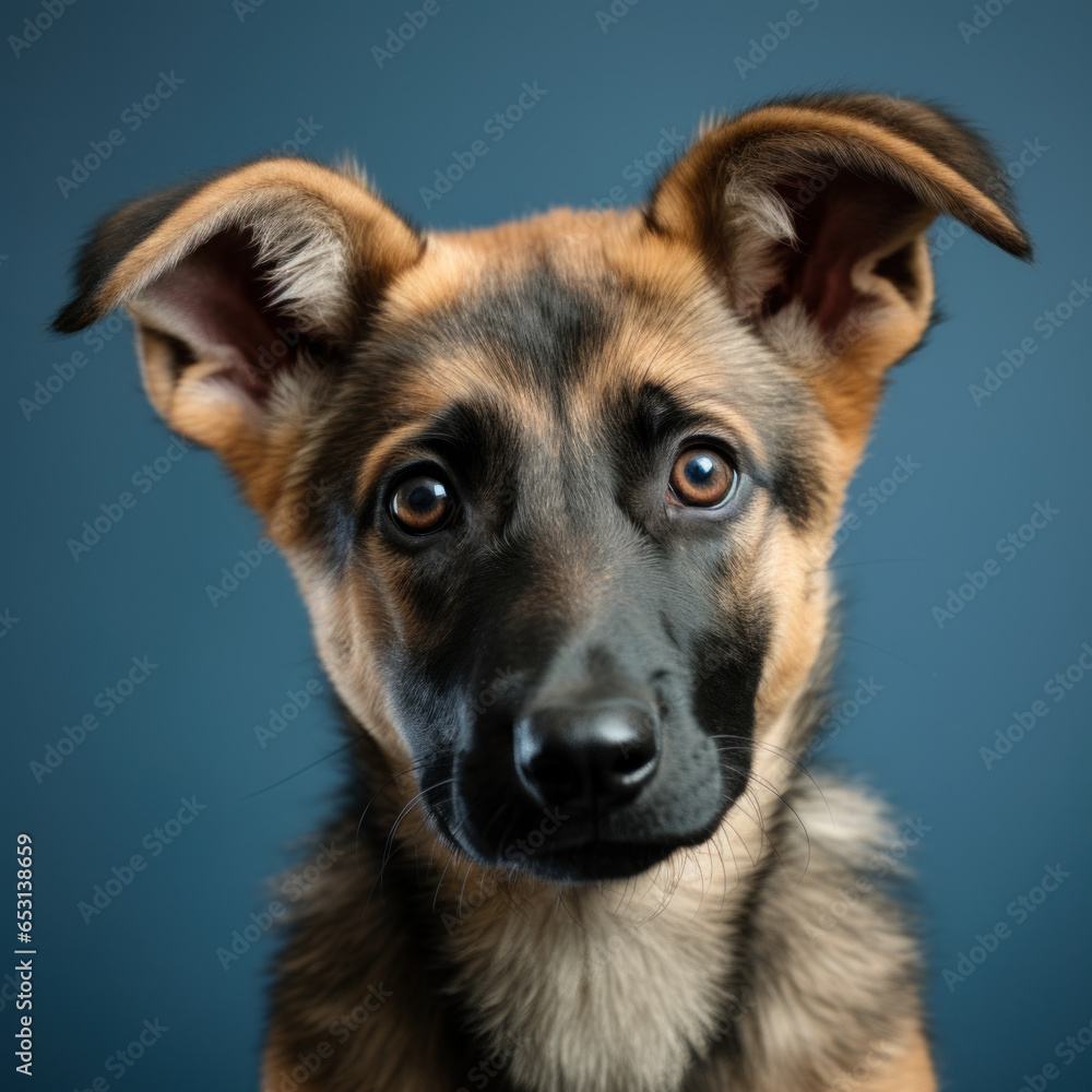 portrait studio d'une tête d'un chiot de race berger allemand en gros plan, arrière plan uni bleu portrait studio d'une tête d'un chiot de race berger allemand en gros plan, arrière plan uni bleu