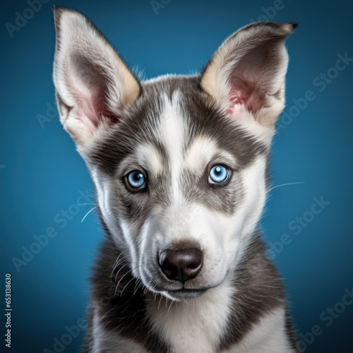 portrait studio d une t  te d un chiot de race husky sib  rien en gros plan  arri  re plan uni bleu