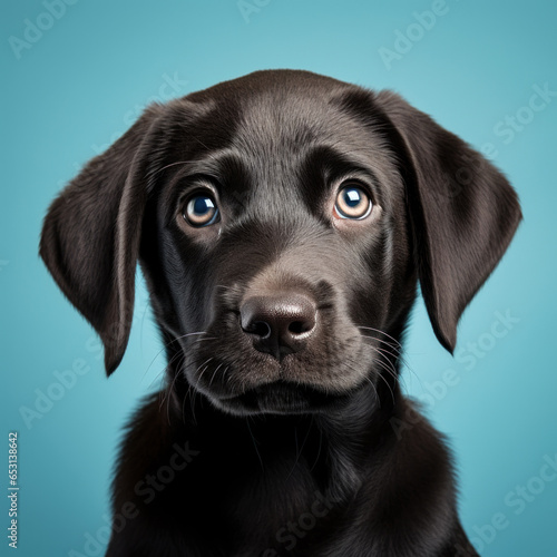 portrait studio d'une tête d'un chiot de race labrador en gros plan, arrière plan uni bleu