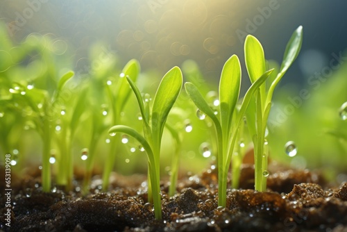 Fresh oat sprouts with water drobs close up. Shot of plants growing on field. photo