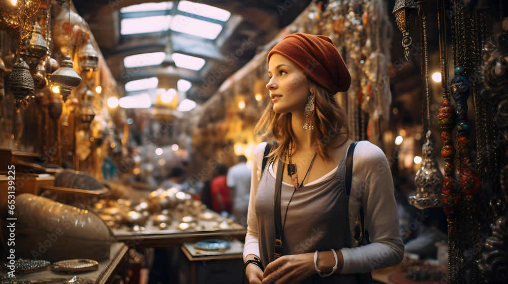 Traveller at the bazaar, female traveller shopping, wanderlust, adventure. Generative AI