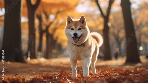 Close-up Portrait of beautiful red Shiba inu dog standing in the park sunset in summer.