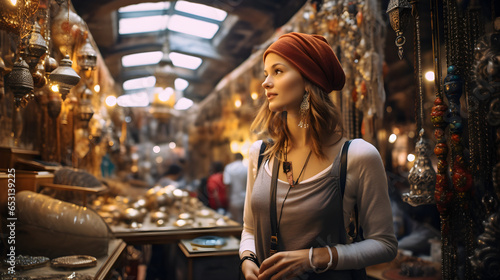 Traveller at the bazaar, female traveller shopping, wanderlust, adventure. Generative AI © dellingersyd.ai