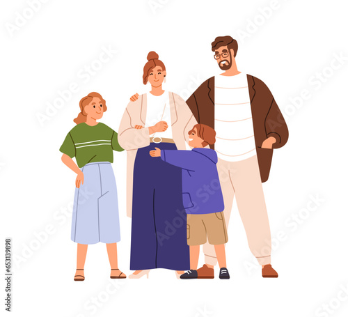 Happy family, parents and kids portrait. Mother, father and children, daughter and son. Smiling mom, dad, sibling girl and boy, standing together. Flat vector illustration isolated on white background