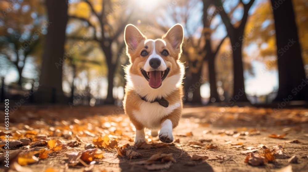 Happy corgi dog pembroke welsh corgi running outdoor in autumn park.