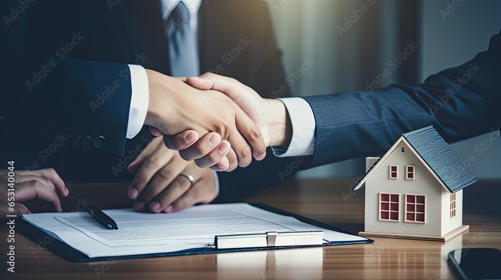 Real estate agent and customer shaking hands after signing contract to buy a house or home. ai generative