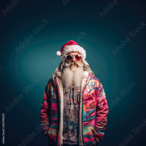 A modern alternative Santa that has a hipster style as if he were a music festival Santa. Modern look, casual with sunglasses. Winter portrait.