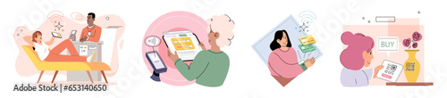 Cashless payment. Vector illustration. With mobile cashless payments, you cpay for purchases without need for physical cash Contactless payments are commonly used for small everyday purchases