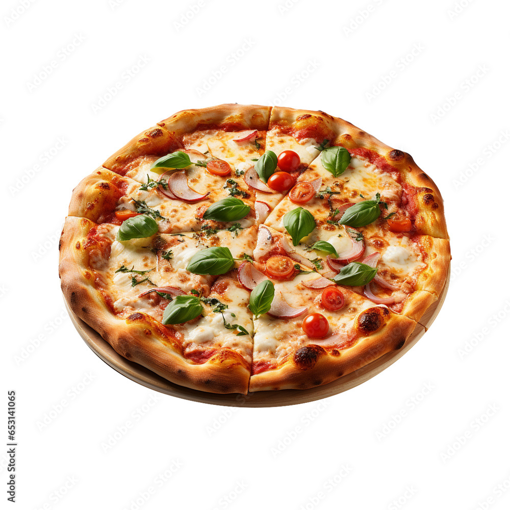 Fresh ham pizza with cheese on transparent background