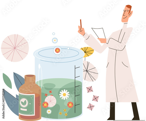 Natural medicine concept with pharmacist examines plants in test tubes. Scientist preparing herbal remedy to patient. Doctor develops ayurvedic homeopathic drugs of plants and herbal Ingredients