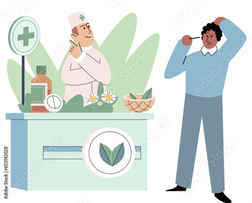Customer in homeopathic pharmacy, pharmacist prepared organic natural pills. Homeopathy, herbal alternative medicine, pharmacy, food supplement. Plant and flowers healing properties, health treatment