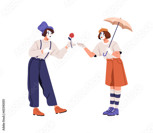 Mimes, love couple acting. French actors, street artists during romantic deaf show. Man artist giving flower gift for woman performer. Flat graphic vector illustration isolated on white background