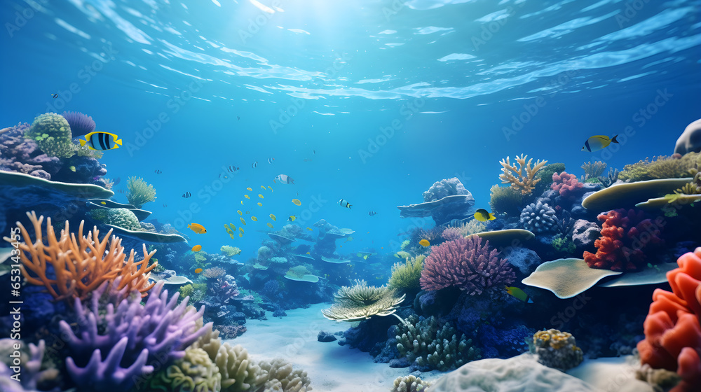 Ocean coral reef underwater. Sea world under water background. Fish swimming in coral reef